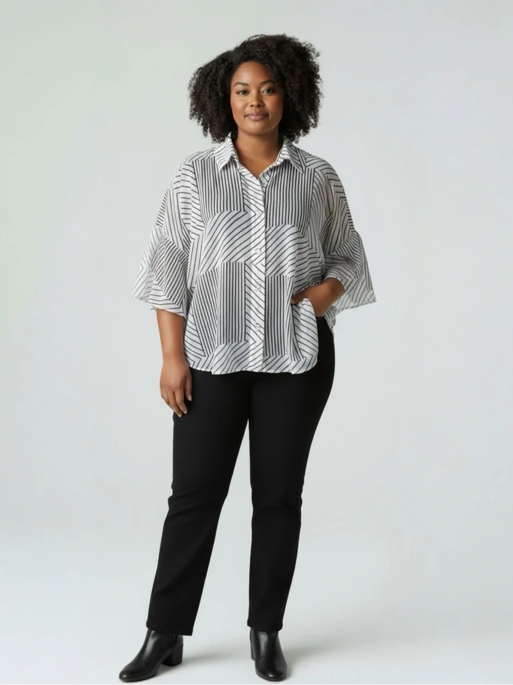 CABi contemporary white black striped button down blouse bell sleeve size large - Picture 1 of 13
